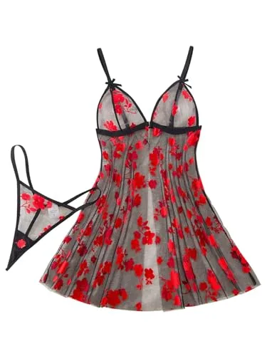 Mesh Babydoll, Black Red