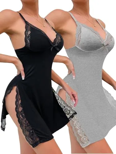 Floral lace Side split Babydoll, Black (size L)
