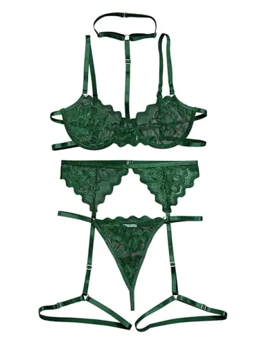 Floral lace Underwire Bra Set, Army Green