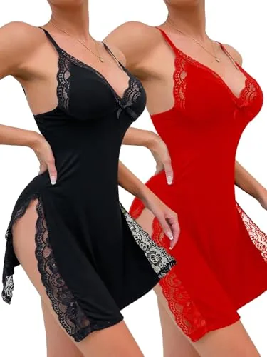 Floral lace Side split Babydoll, Black Red