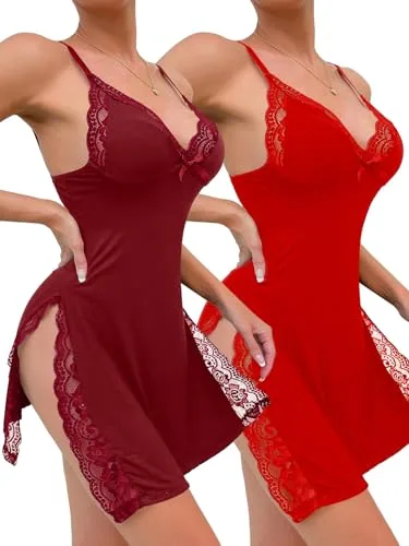 Floral lace Side split Babydoll, Wine Red (size L)