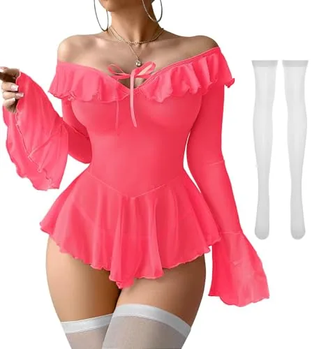 Sheer Ruffled Babydoll, Hot Pink