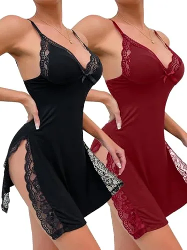 Floral lace Side split Babydoll, Burgundy Red (size XL)
