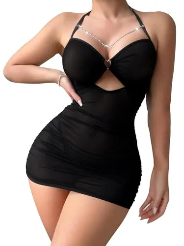 Ruched Lingerie Dress, Black