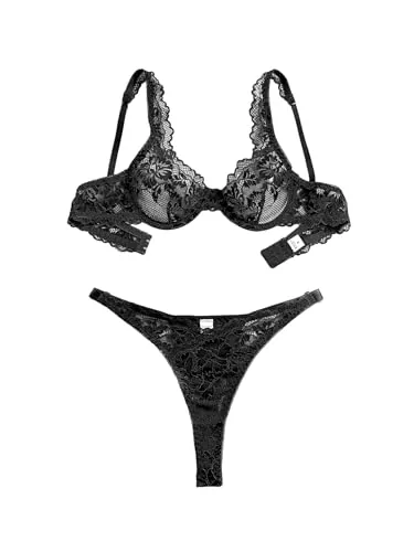 Floral lace Underwire Lingerie Set, Black (size 3XL)