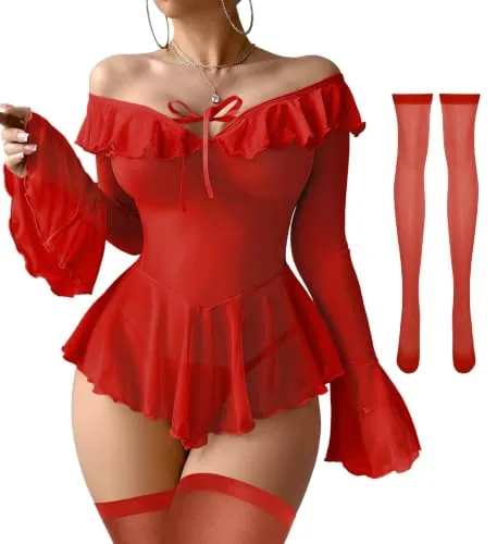 Sheer Ruffled Babydoll, Red (size M)